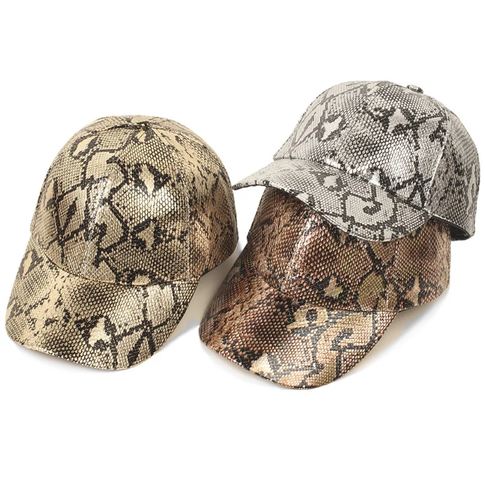 High Quality PU Baseball Cap Snake Skin Print Adjustable Dad Trucker Hat Unisex Breathable Anti-sun Visor Sun Caps