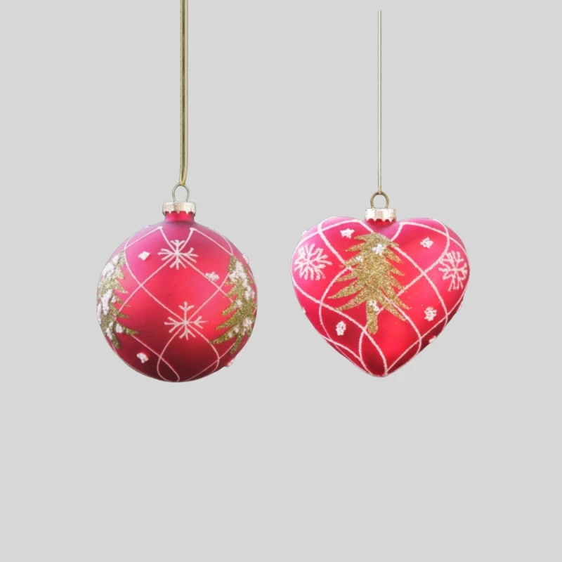 16pcs/pack Diameter=8cm 9cm Different Design Red Glass Ornament Christmas Tree Home Decoration Handmade Round Ball Heart Pendant