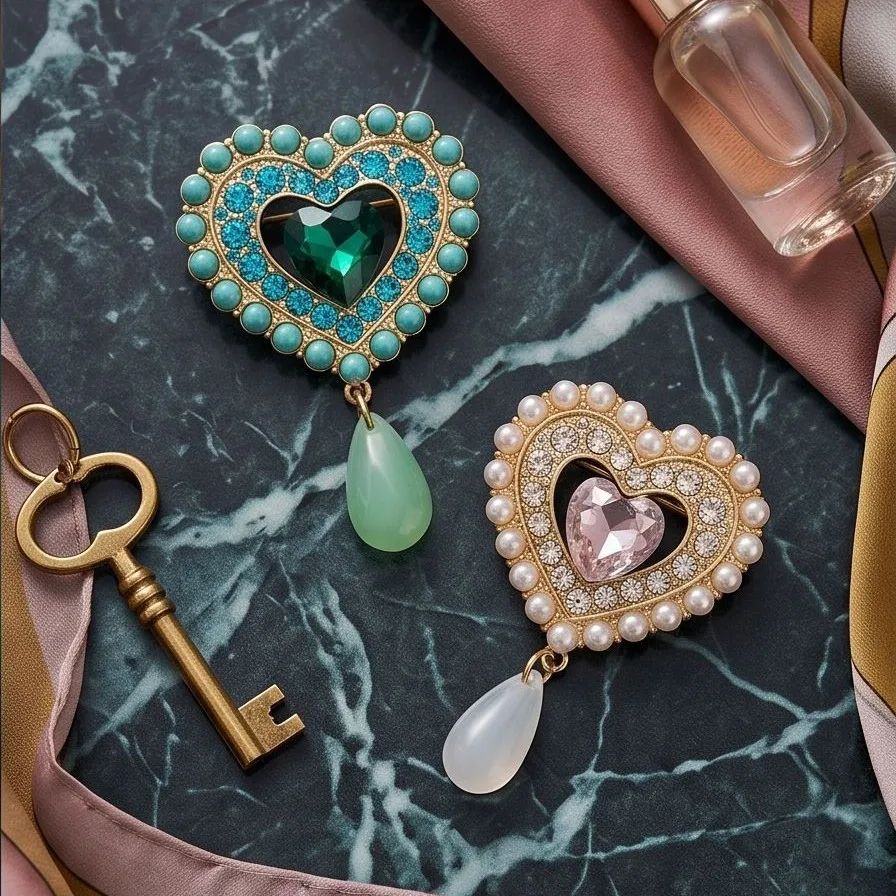 Fashionable retro heart-shaped brooch, pearl rhinestone brooch, French light luxury sweater, suit jacket matching