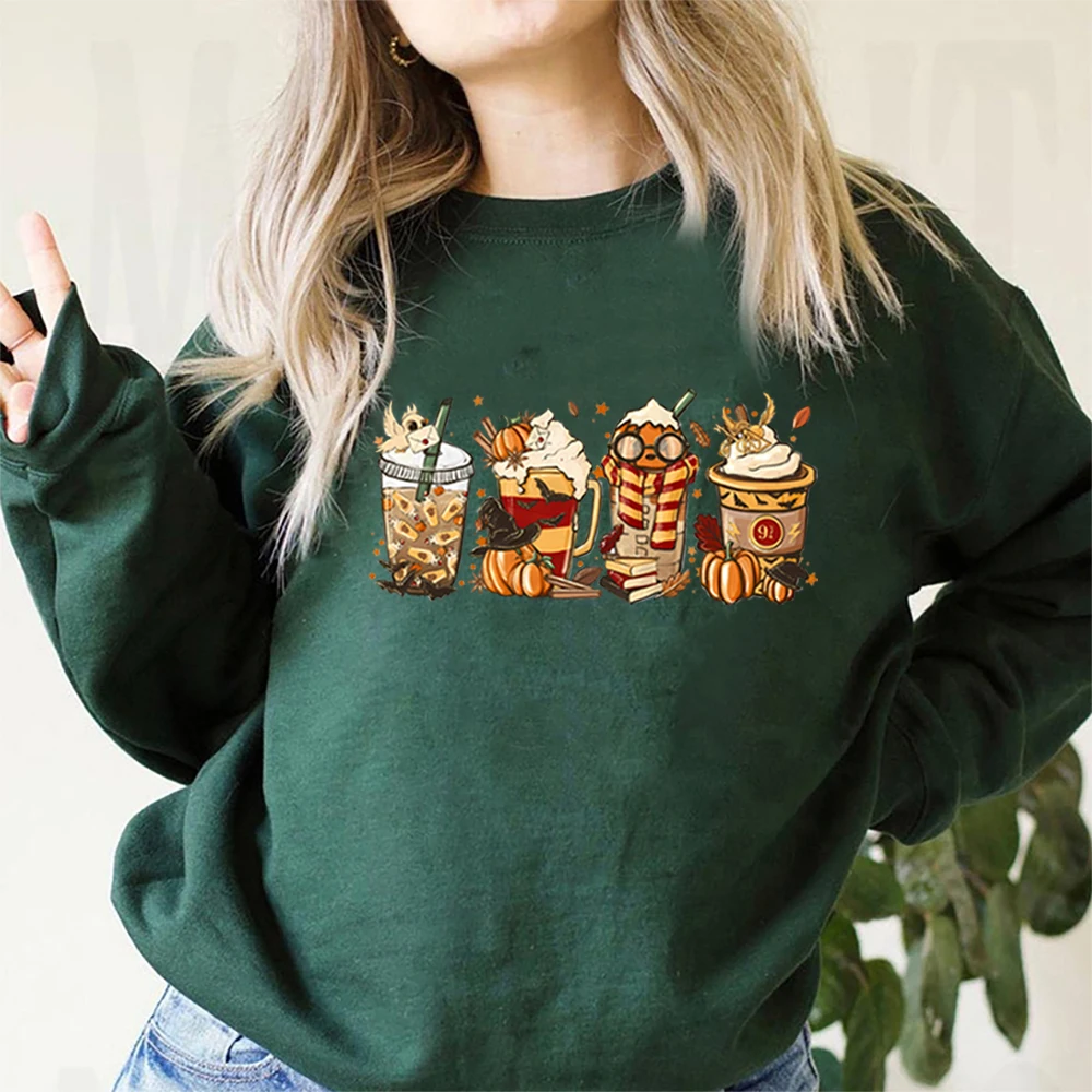 

Осенняя толстовка HP Wizard на Хэллоуин, ужасы, кофейная толстовка с капюшоном, тыква, специи, волшебная школа, женская рубашка с рисунком, толстовки для любителей кофе