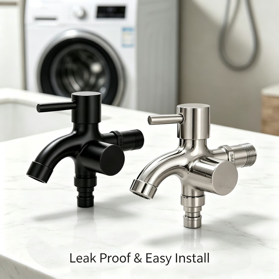  Premium 304 Stainless Steel Dual Outlet Faucet, Matte Black Wall-Mounted Tap for Washing Machine & Garden Hose, Two-Way Control 