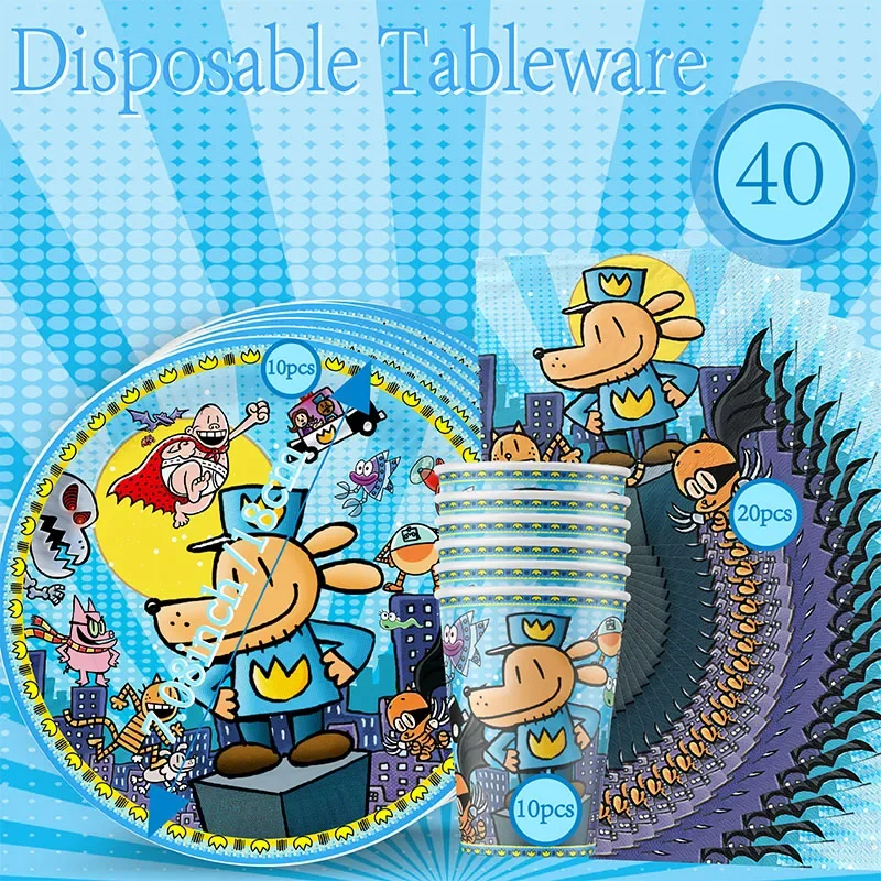 

Dog Man Themed Party Combo Kit - Disposable Cups Plates & Napkins with Backdrop Cloth and Cake Topper Flags for party decoration