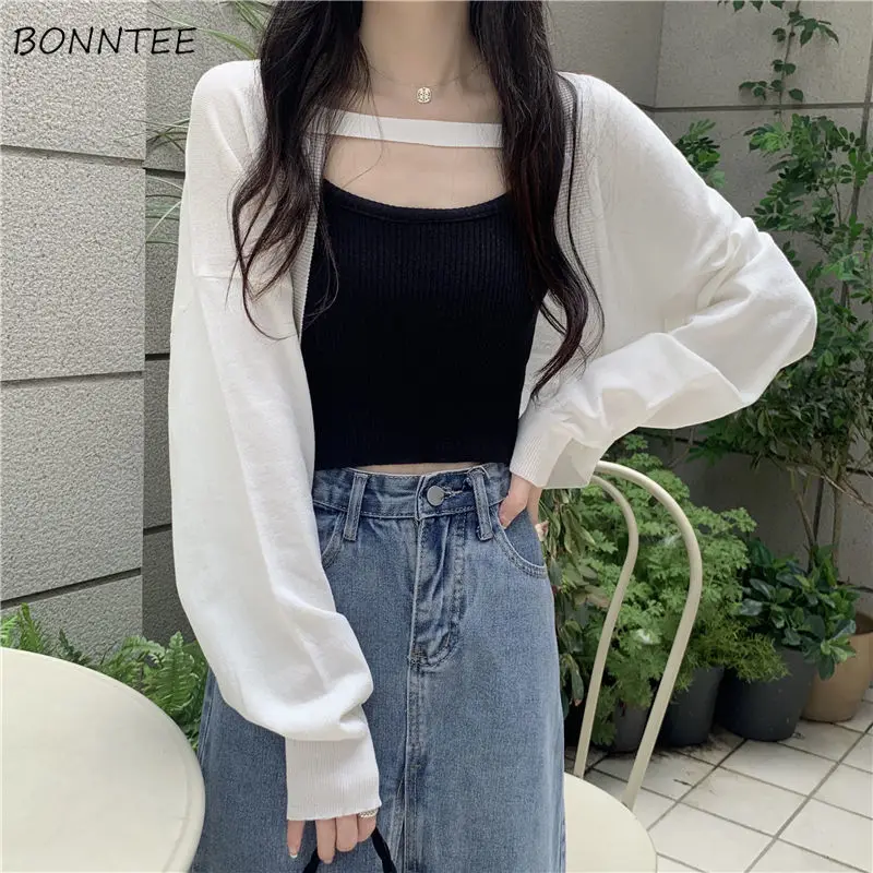 

Cardigans Women Long Sleeve Casual Tops Loose Sunproof All-match Chic Summer Outwear Cropped Knitted Solid Buttons Minimalist