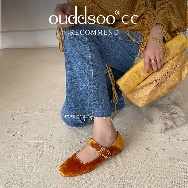 Ods Women Velvet Velours Shoes Mary Janes Buckle Strap Golden Yellow Flat Shoes Comfortable Woman Espadrilles Shoes 42 40 41