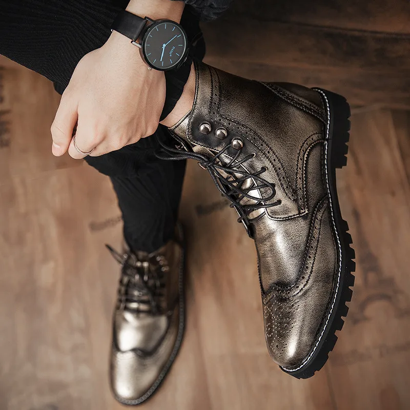 Silberne Chelsea-Stiefel im Vintage-Stil für Herren, große Größe 38–48, flache Herren-Lederstiefel mit Schnürung, Streetwear-Designer-Mann-Stiefeletten