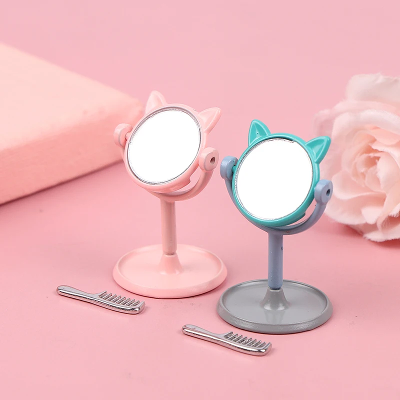 Dolls Makeup Furniture Toy Accessories Dollhouse Miniature Vintage Glod Vanity Mini Doll House Mirror, Dressing Mirror, Comb