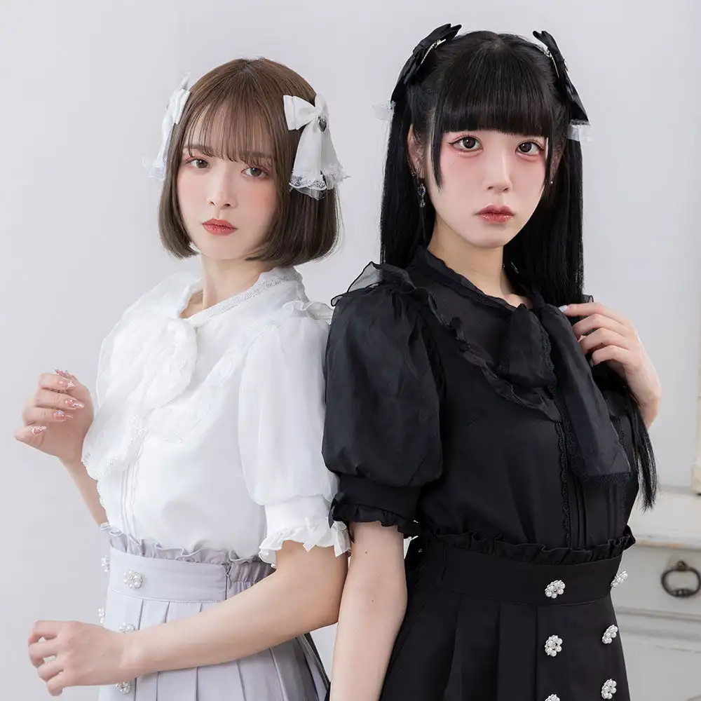 Summer Women's Shirt 2023 New Japanese Style Short Sleeve Shirts Female Loose Slimming Bow Solid Color Sweet Lady Elegant Blouse