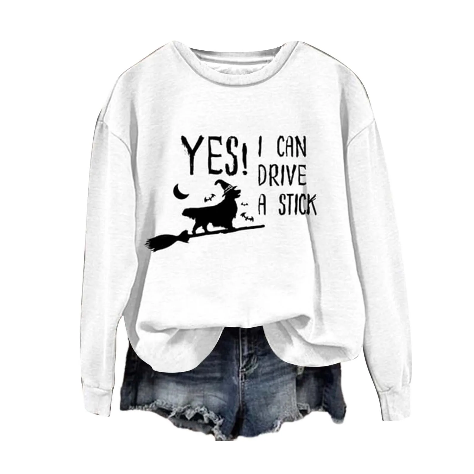 Halloween Unisex Sweatshirt Yes！I Can Drive A Stick Letter Cute Puppy Flying Broom Print Long Sleeve Round Neck Hoodie