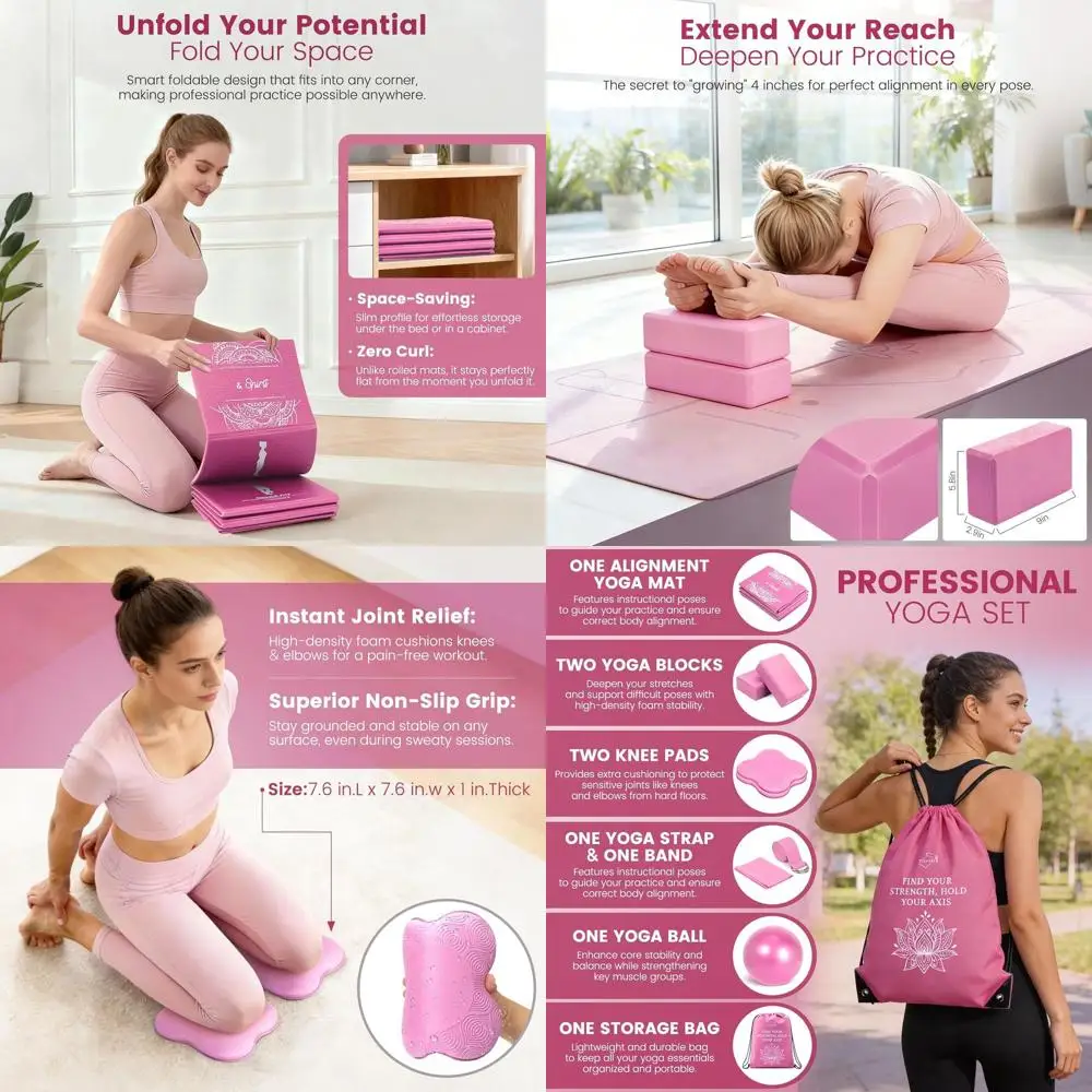 

Portable Yoga Mat & Blocks Set: Lightweight, Non-Slip Mat with 2 Blocks, Strap & Bag for Women's Fitness, Ideal Home Workout Sta