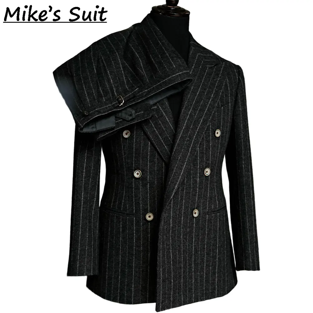Black Striped Wool Flannel Men Suit 2 Piece Jacket And Pants Man Suits Tuxedos For Business Wedding Groom