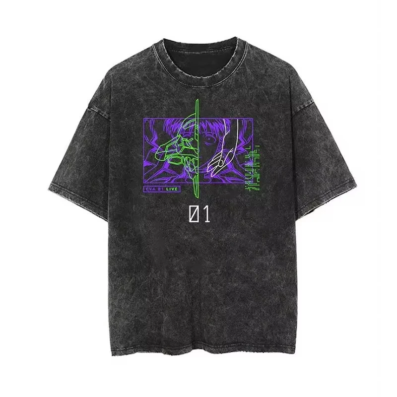 Neon Genesis Evangelion EVA Shinji Ikari Printed T-shirt Men's and Women's Washed T-shirt High Quality Vintage Cotton T-shirt