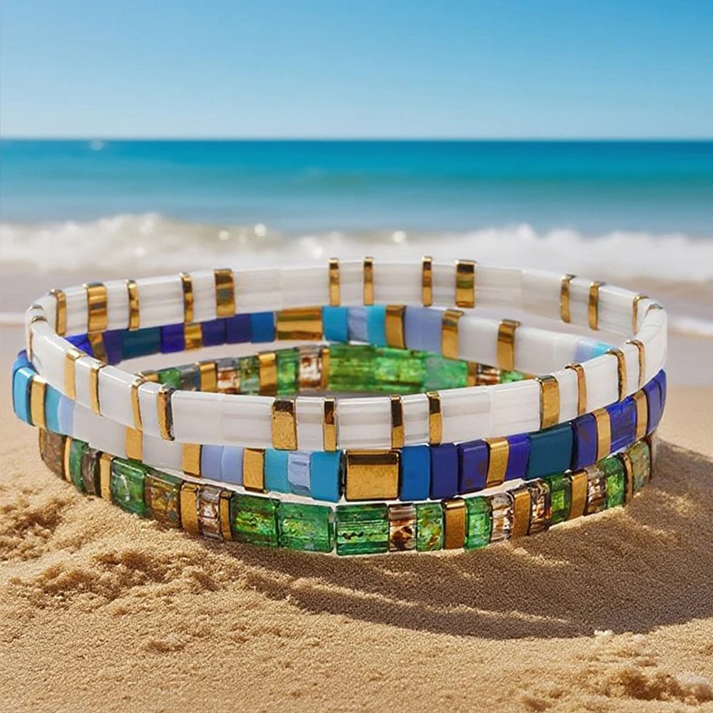 

3PCS Colorful Tile Beaded Bracelet Set for Women Girls Boho Square Beads Stretch Bracelets, Summer Beach Holiday Fashion Jewelry