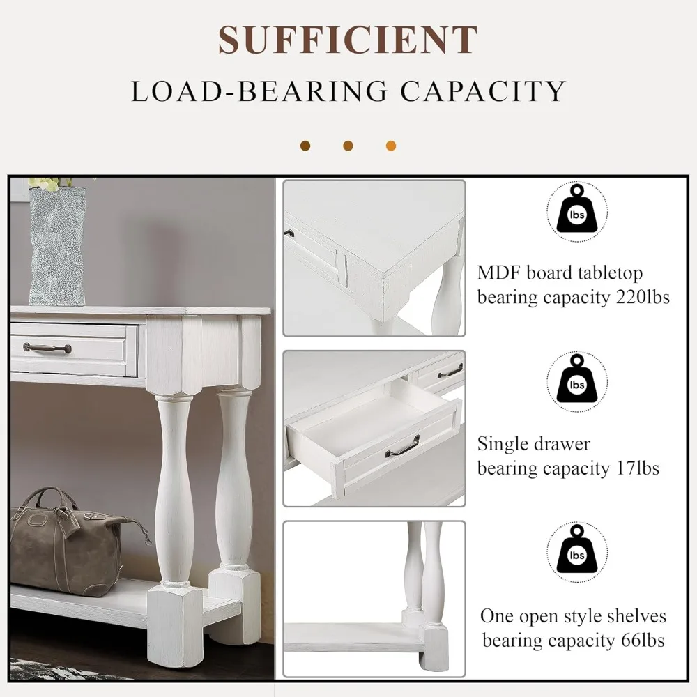 طاولة كونسول طويلة مقاس 63 بوصة مع 3 أدراج ورف سفلي واحد، طاولة أريكة من الخشب الصلب سميكة للغاية للمدخل والممر وغرفة المعيشة