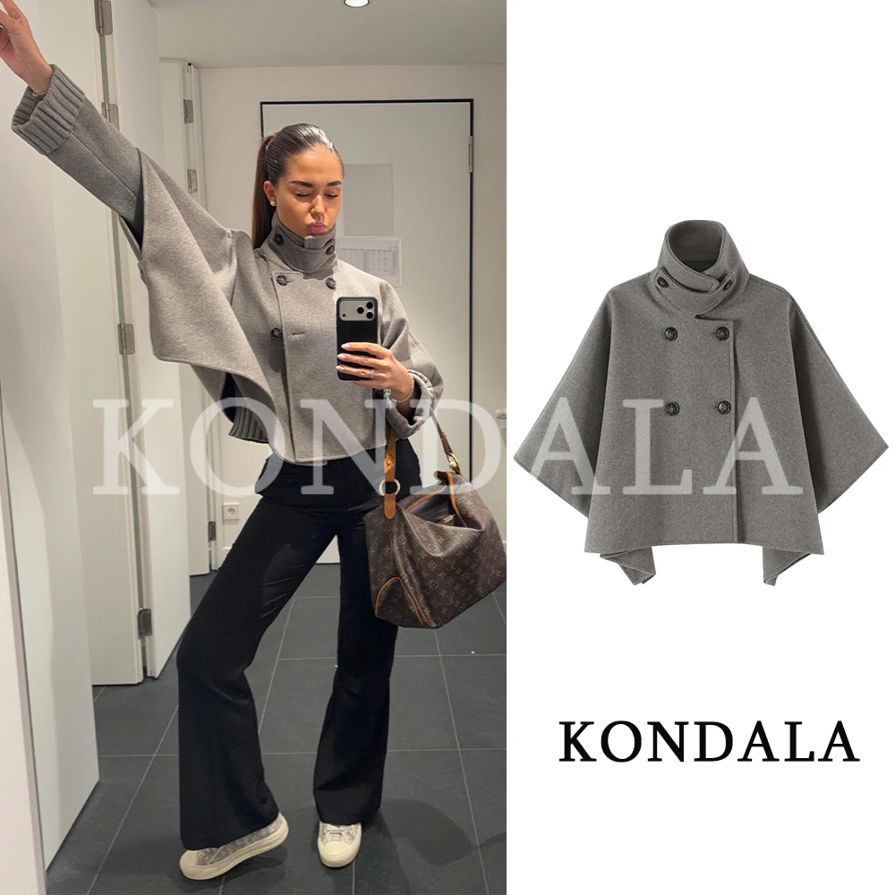 KONDALA Women Elegant Soft-Tweed Cloak Jacket Chic Stand-Collar Double Breasted Cape Coat 2026 Fall Winter Fashion Commute Coat