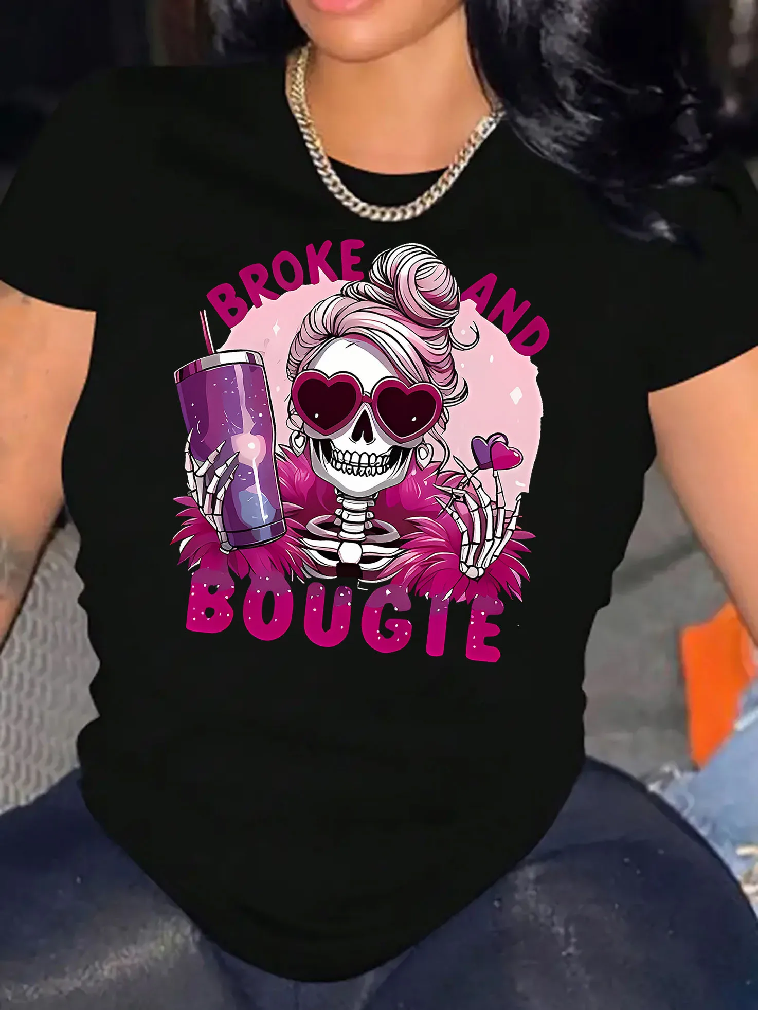 

Women's White Casual Graphic T-Shirt with Purple "Broke and Boujee" Slogan, Playful Skeleton & Cocktail Design, Round Neck Short