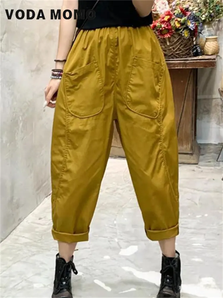 

New Spring Summer Simple Trend Women Elastic High Waist Vintage Style Solid Color Pants Casual Cotton Loose Wide Leg Haren Pants