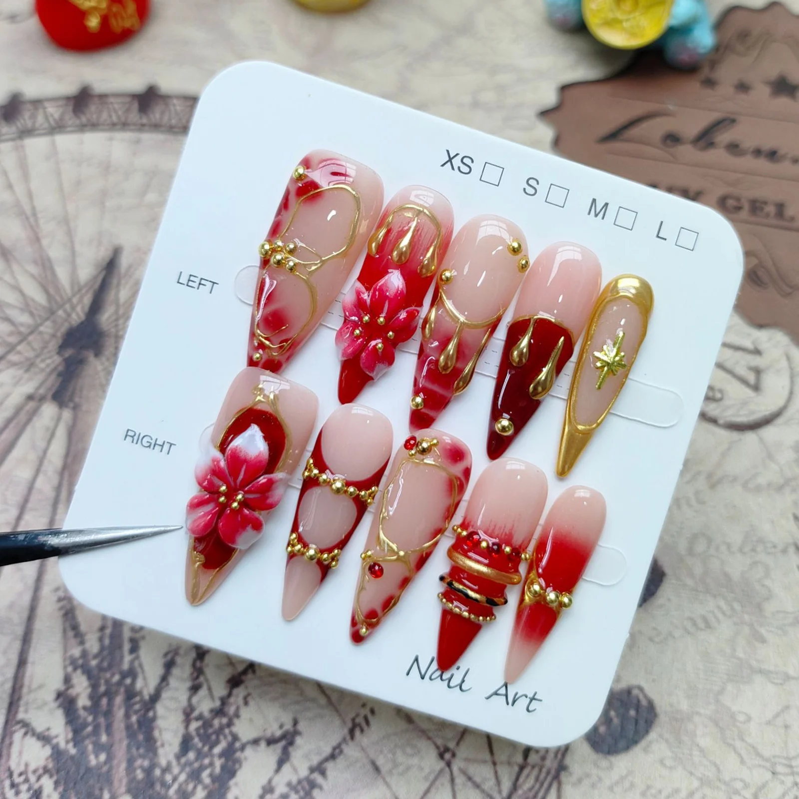 Press On Nails Resin 3D Floral Carved Long French Tips High-Gloss Protective Layer for Nightclubs Parties Weddings Fashion