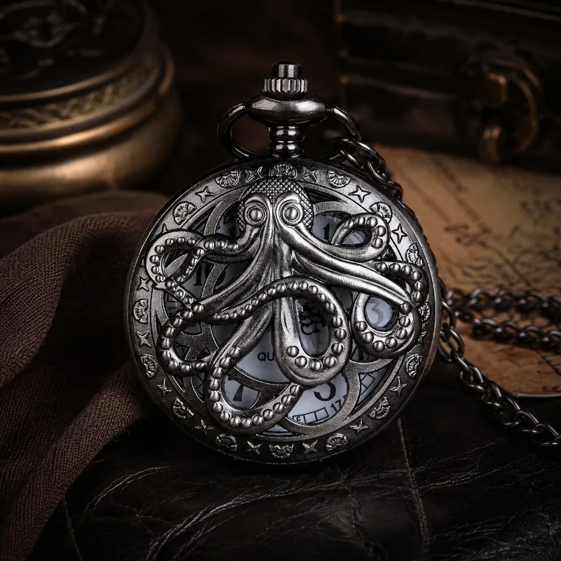 Vintage Hollow Octopus Pattern Pocket Watch Steampunk Quartz Pocket Watch with Chain Necklace Antique Collectible Pendant Clock
