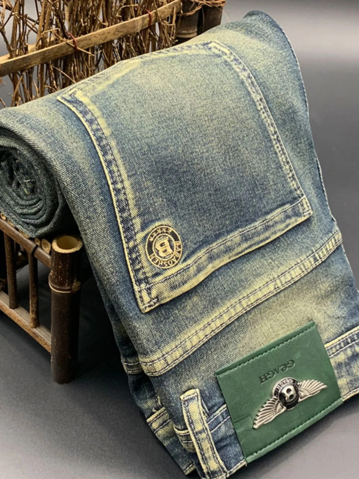 

New Ins High-End Men's Jeans Spring Summer Slim Fit Vintage Retro Trendy Brand Faded Elastic Pants mid Waist Long Trousers