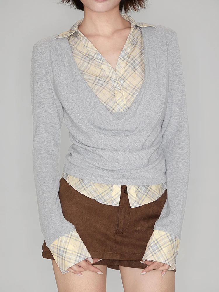 

Taichi Kim Slim Fit вязаный длинный свек клетчатый узор с разделенным воротником из двух предметов повседневный осенний топ для девочек Faion