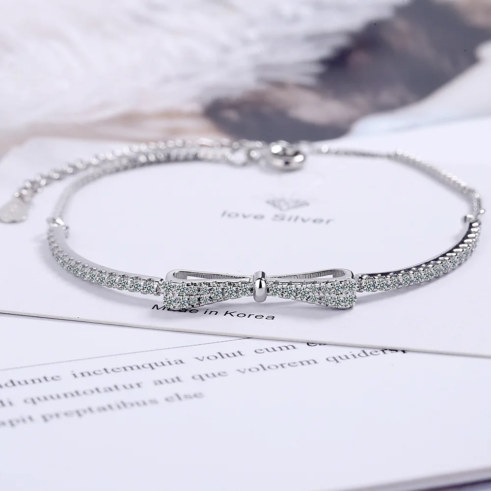 Gorąca sprzedaż moda srebrna kolorowa bransoletka łańcuszek Bownot inkrustowane cyrkon Plata bransoletka z wisiorkiem łańcuszek dla kobiet biżuteria ślubna na prezent