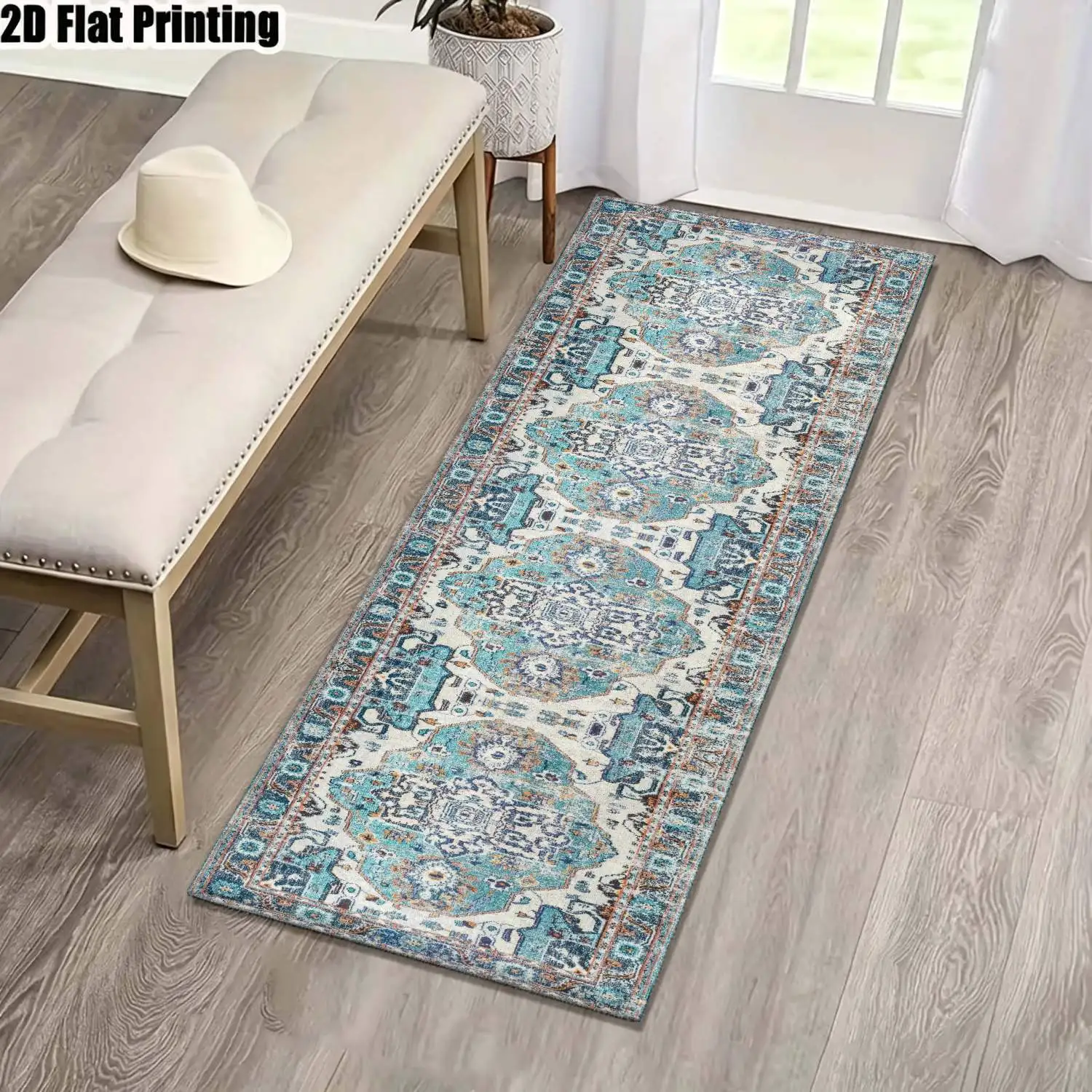 1Pc 2D Printed Long Strip Rug, Blue White Retro Floral Pattern European/Bohemian/Geometric Striped Style, Machine Washable, Multi Sizes, for Entrance, Hallway, Living Room, Bedroom Home Decor