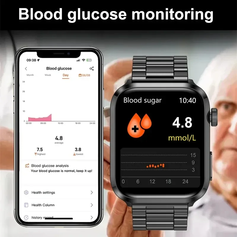 2024 Laser Therapy Health Smartwatch Non-invasive Blood Glucose Bluetooth Call Clock Men Full Touch Screen Sport Smart Watches