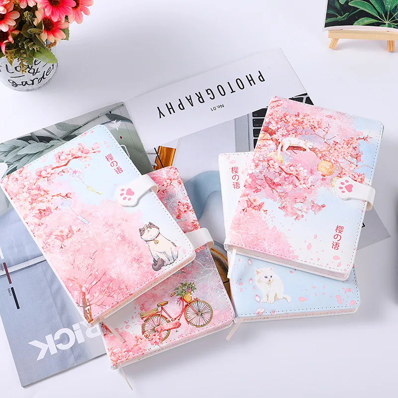 4 pcs/lot Cute Cherry Cat Hardcover Leather Binder Spiral Notebooks kawaii girls refillable cartoon notebook stationery A6