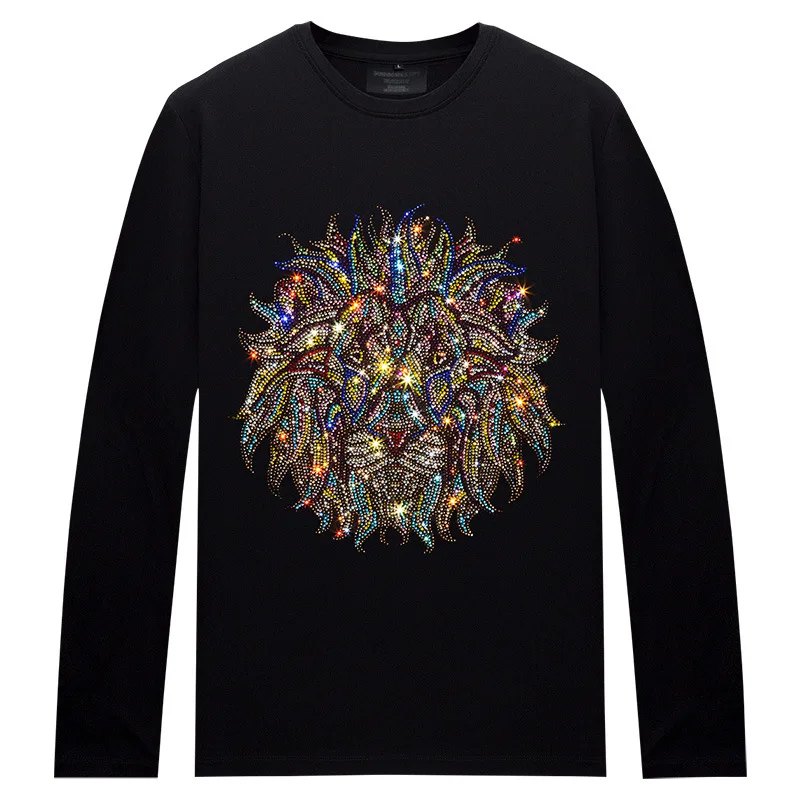 Plus Size O Neck Long Sleeve T Shirts Men Fashion Streetwear Cartoon Lion Rhinestones Modal Cotton Slim Tshirts Mens Clothing