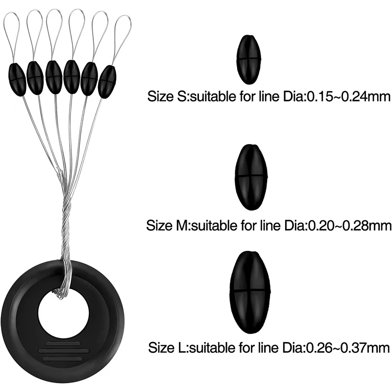 60Pcs 10Set S M L Schwarz Gummi Raum Bohnen Oval Stopper Angeln Bobber Float Wels Flotador Angeln Float folat Linie Stoppt – Detail 2