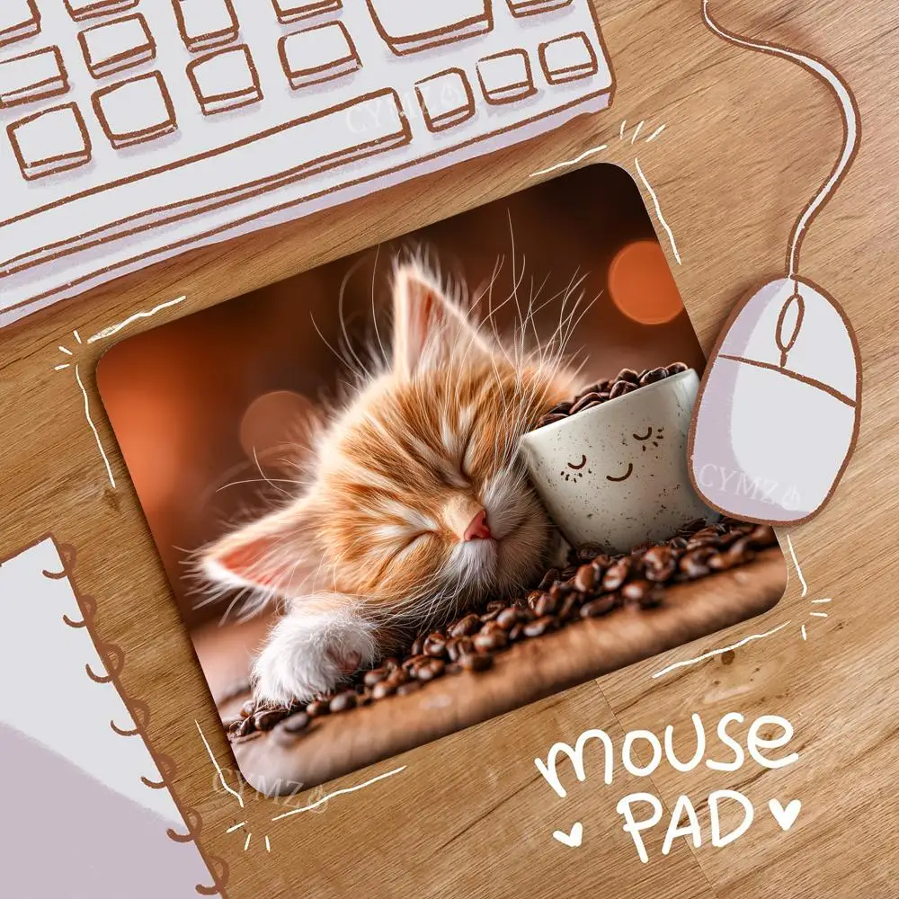 Coffee shop and orange cat Mouse Pad Desk Mat with Stitched Edge Non-Slip Rubber Base Small Office Mousepad PC Accessories