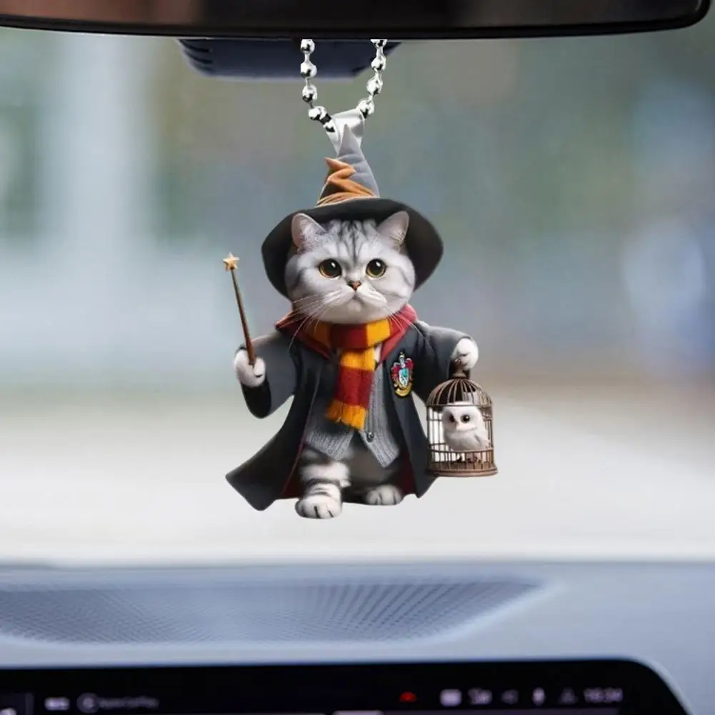 Acrylic Flat Cat Car Pendant Hanging Ornament with Lanyard Adorable Charming Cat Acrylic Pendant Backpack Keychain Decoration