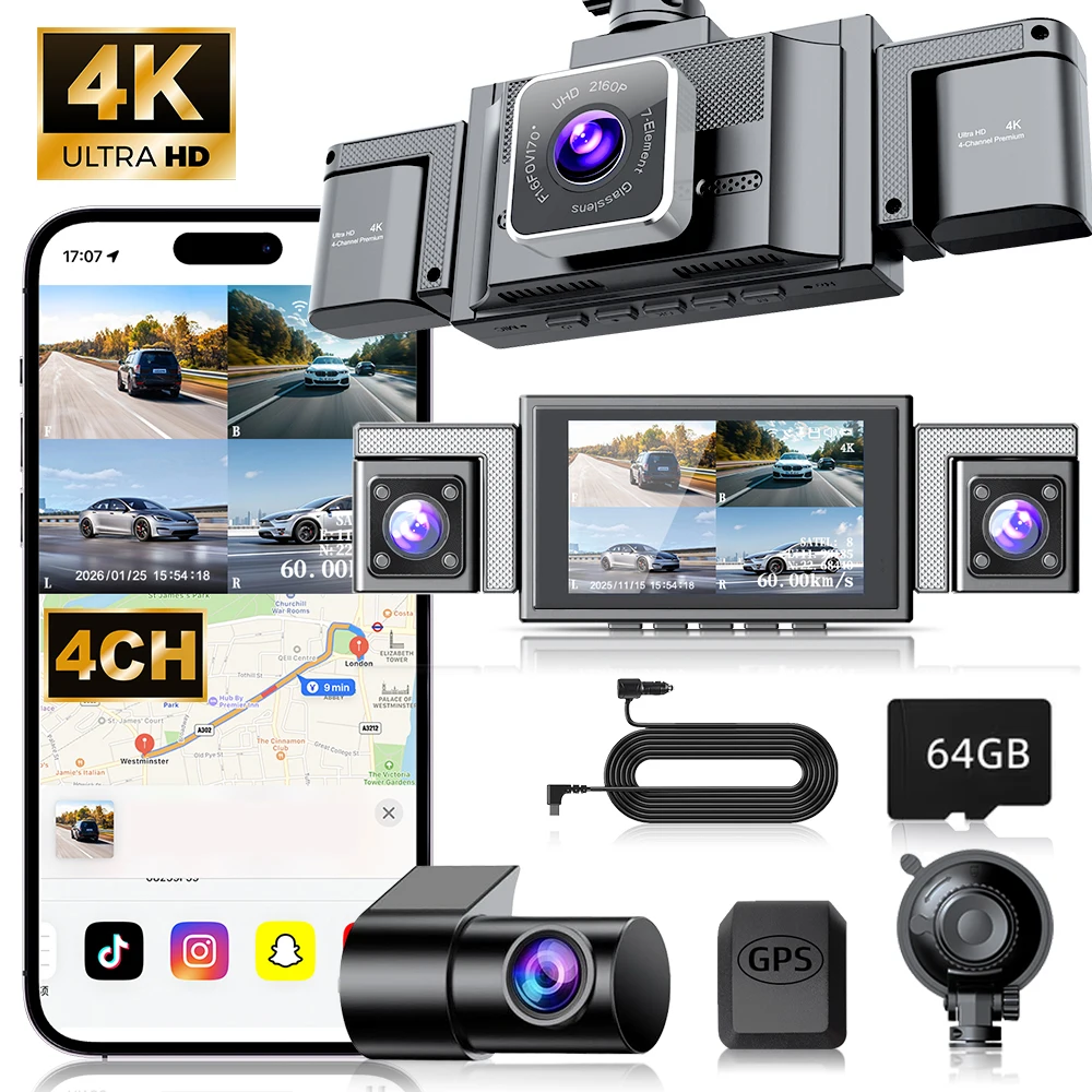 

4-Channel Dash Cam 360° Panoramic 4K Front 1080P Rear/Left/Right, 4-Screen Display, Night Vision, WDR, G-Sensor, Loop Recording