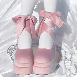 Chunky Heels Lolita shoes Women Suede Butterfly Knot Mary Janes Shoes Women's Trendy Punk thick heel high heels Dress Pumps