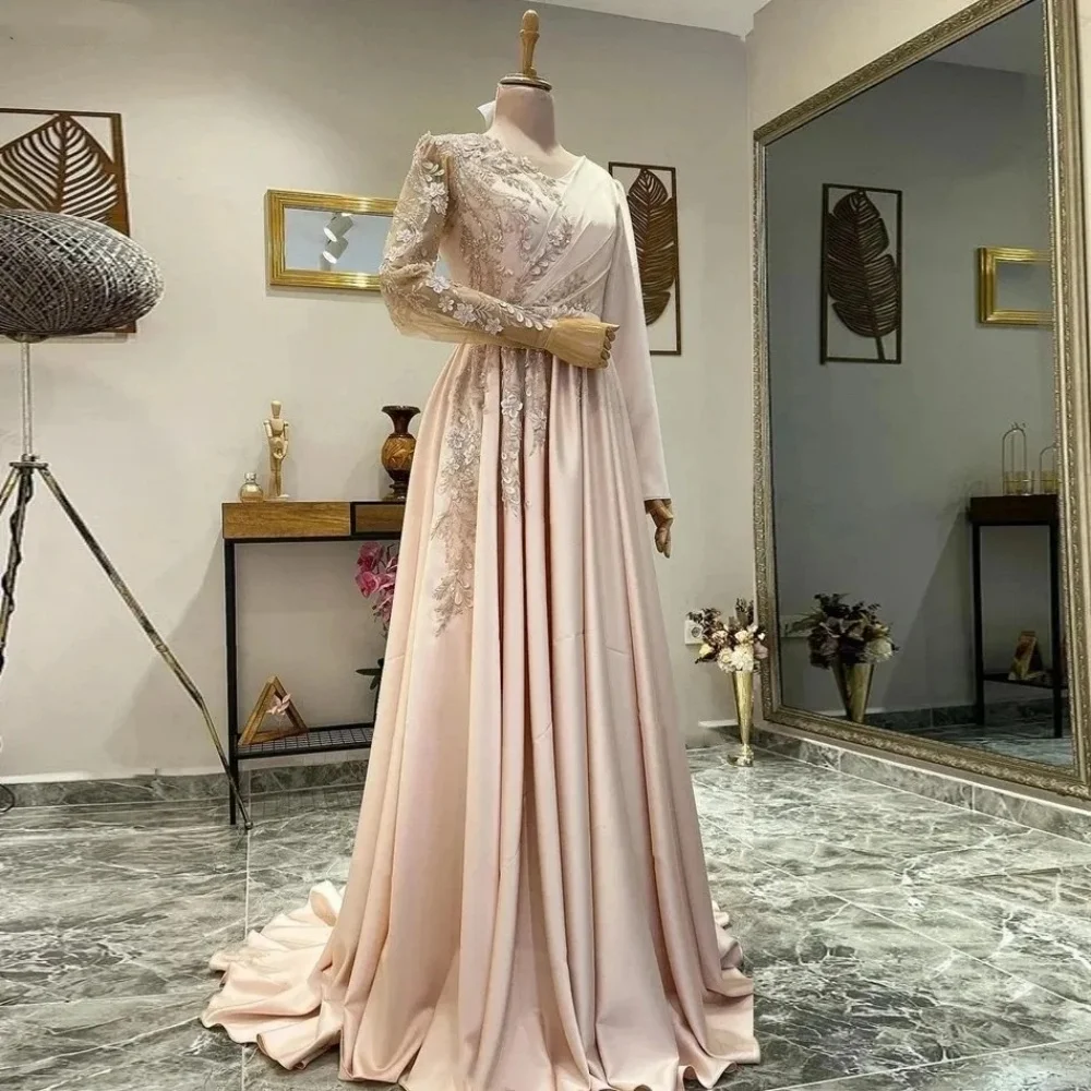 New Muslim Arab Evening Dress For Women V-Neck Long Sleeves Flowers Lace Appliques A-Line Satin Bridal Gown 2024 Party Dresses