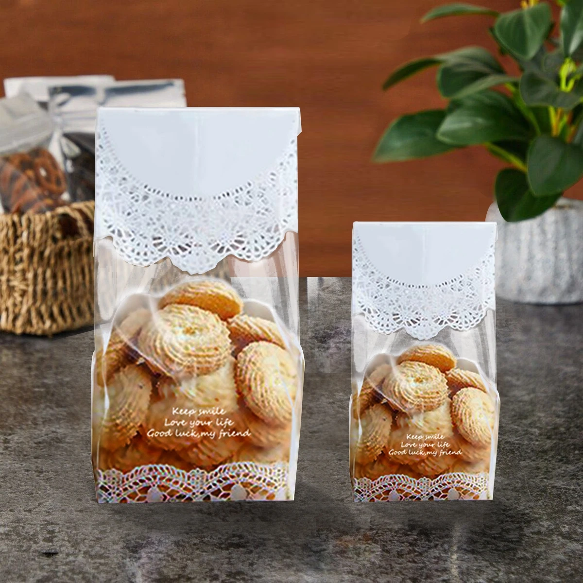 50 sztuk/partia biała koronkowa torebka na ciastka prezent ślubny cukierki babeczka ręcznie robiona na Boże Narodzenie plastikowe torby do pakowania