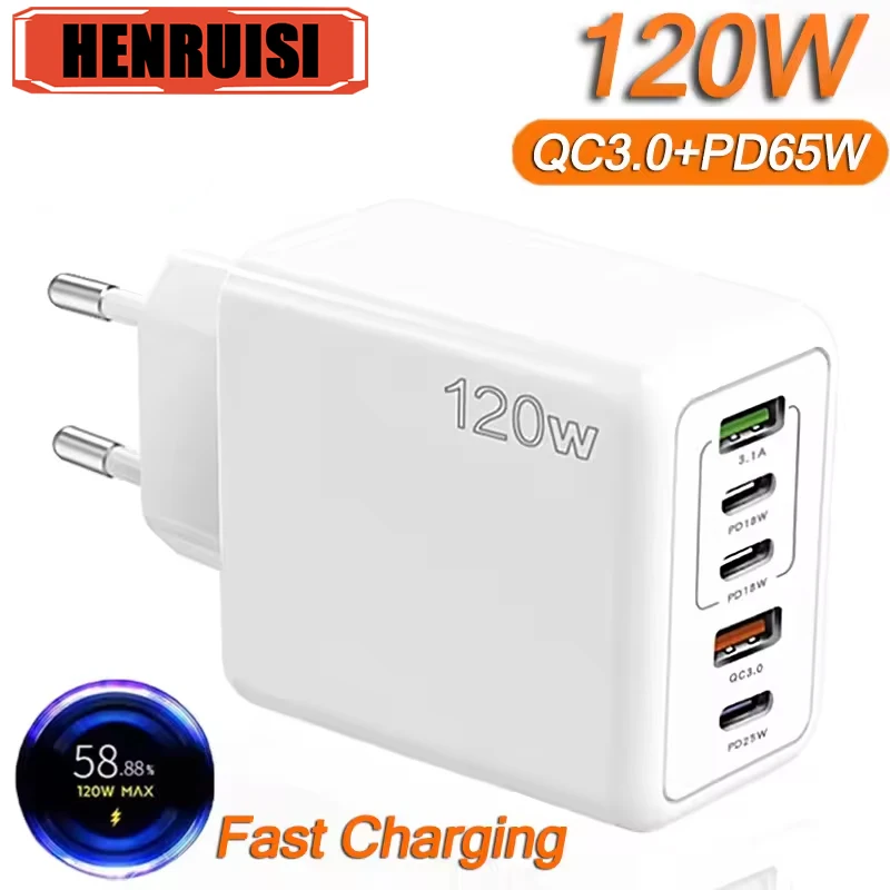 120W USB C Charger Fast Charging Type C 3 PD + 2 USB QC3.0 Mobile Phone Adapter For iPhone Xiaomi Samsung ipad Realme Tablet