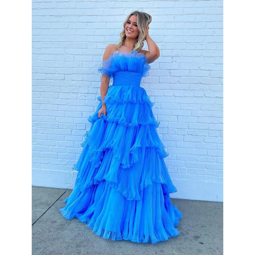 

Blue Evening Dresses Ladies Elegant Floor Length Strapless Sleeveless Exquisite High Quality Formal Occasions Women Prom Gowns