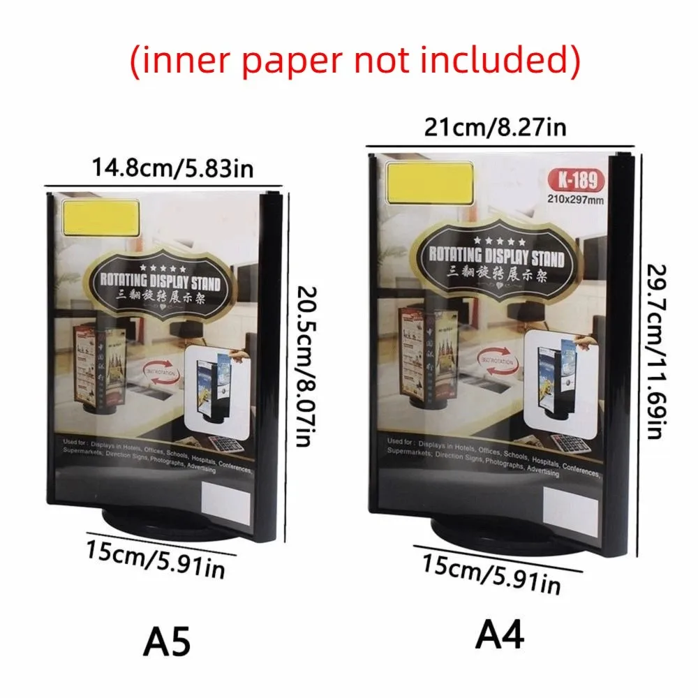 Scheda da tavolo girevole in acrilico a tre lati Porta cartello per menu trasparente A4/A5 Espositore per menu con superficie ad arco facile da montare