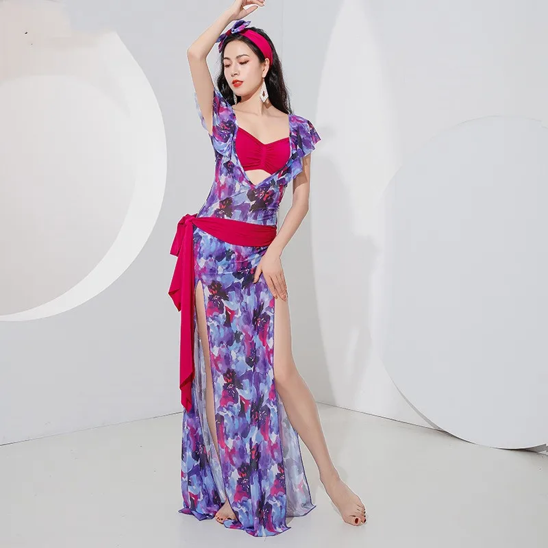 Belly Dance Costumes Woman Practice Clothes 4 Piece Oriental Lesson Wear Sexy Arabic Robe Khaleegy Baladi Shaabi Dresses Print