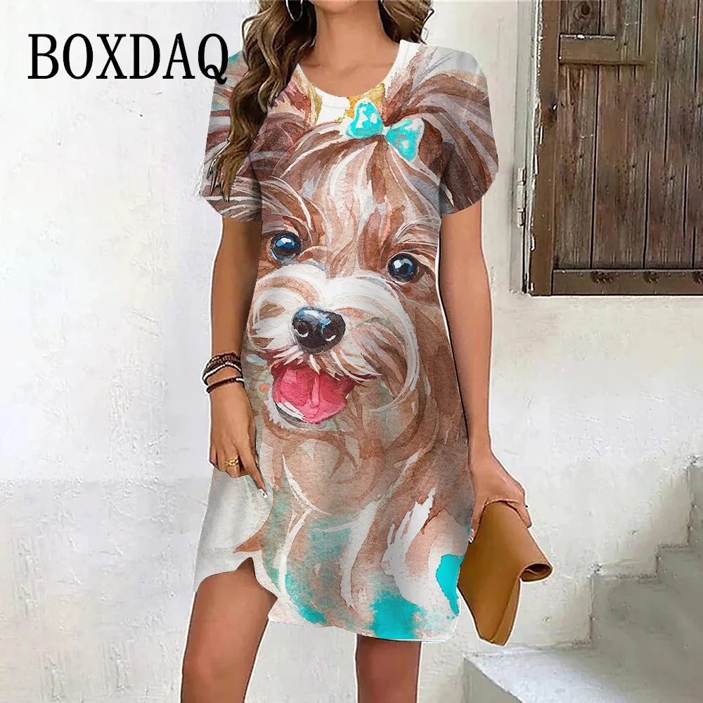 Painting Tie Dye Dog Dress Women Cute Street Art Print Dress Summer Casual O-Neck Short Sleeve Mini Dress Oversize Woman Clothes