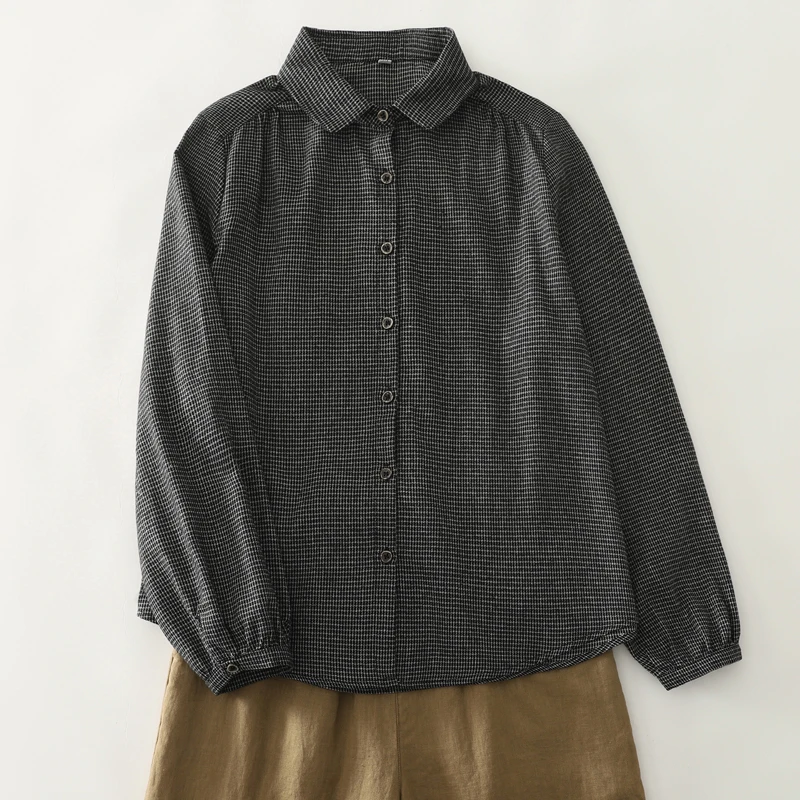 Casual Sle Plaid Long Sve irt Feminino Fino Algodão Poliéster Mistura Loose Fit Botão Up Boneca Gola Versátil Primavera Aut...