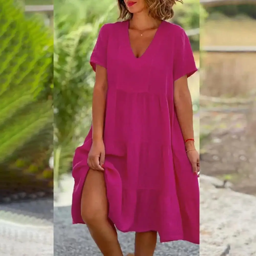 Women Dress Elegant V Neck Pleated A-line Midi Dress For Women Solid Color Knee Length Wear Outfit Summer Fashion Statement