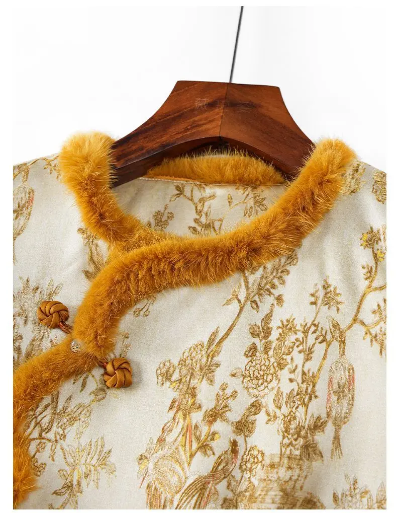 Cappotto gilet imbottito senza maniche con fiori stampati gialli patchwork di pelliccia da donna autunno inverno, cappotti gilet con motivo floreale vintage da donna