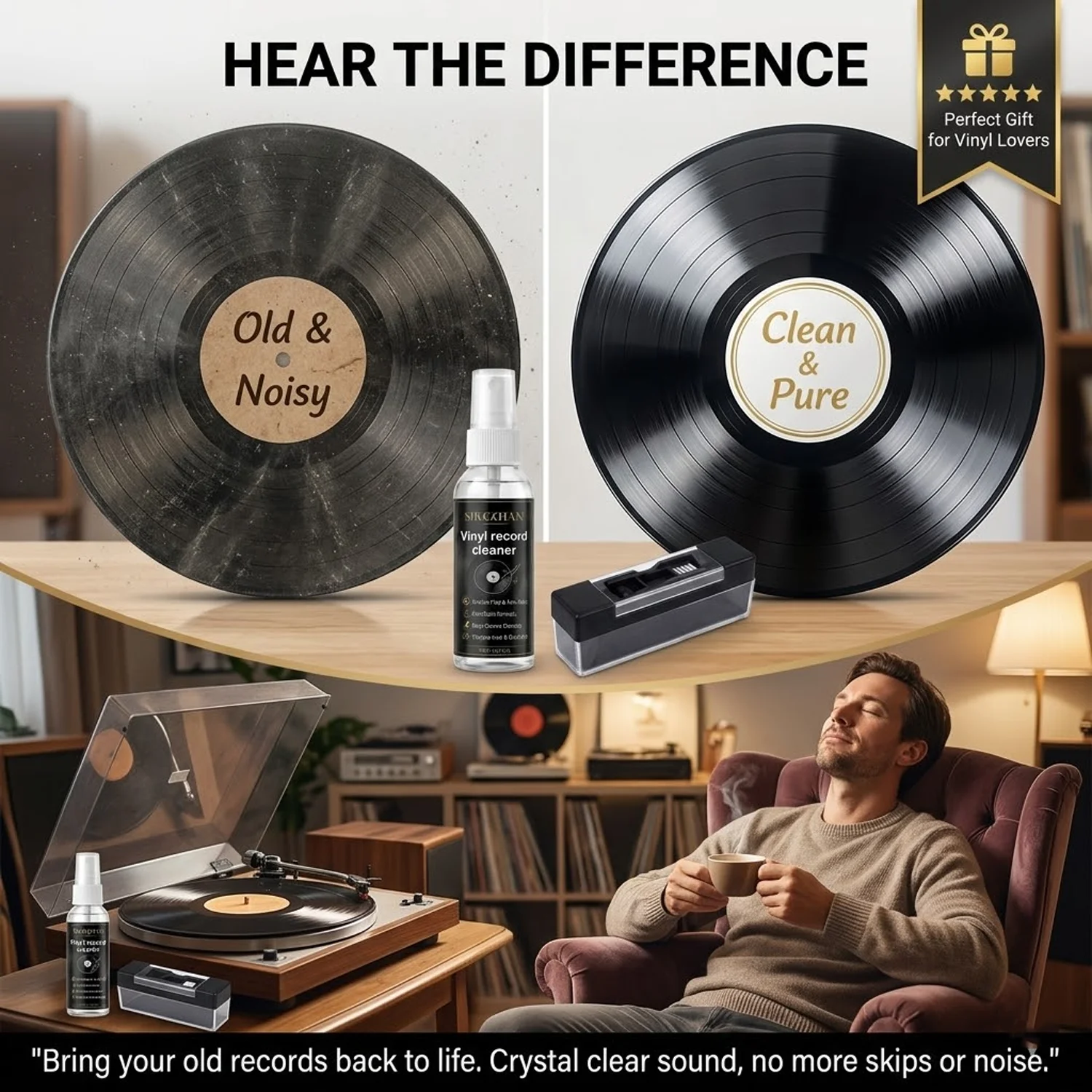 SIKEZHAN Anti-Static Vinyl Record Cleaner Kit, Safe Alcohol-Free Spray & Premium Velvet Brush for Turntable LP Audiophile Care