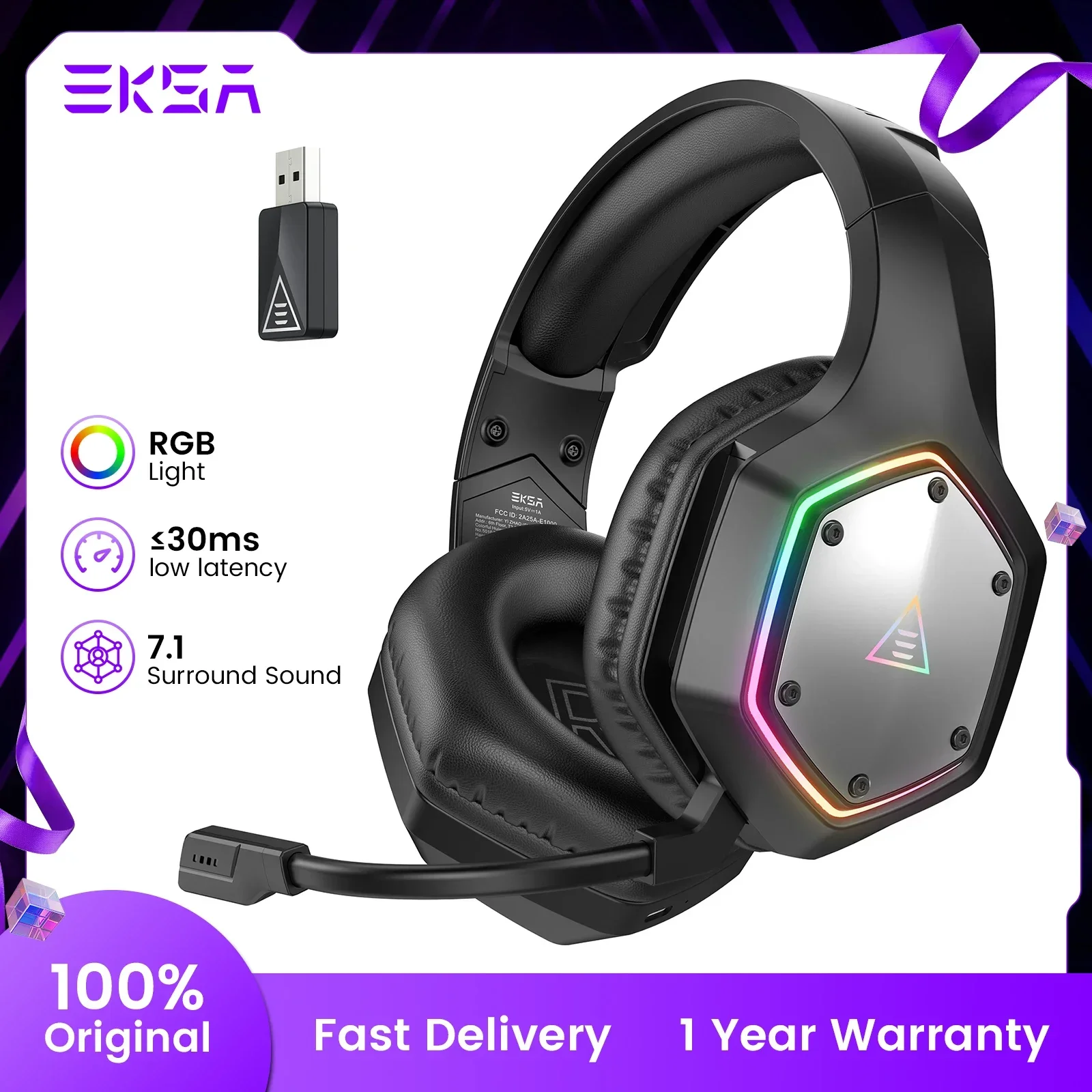 EKSA E1000 WT RGB Wireless Gaming Headset 7.1Surround Sound Gamer Headphones with ENC Mic Wireless Gamer Headset for PC/XBOX/PS5