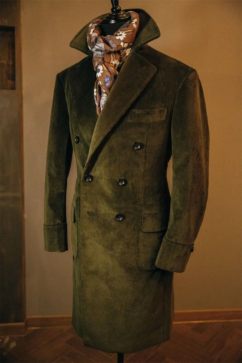 Costume en velours côtelé vert foncé pour homme, Long pardessus sur mesure, formel, Double boutonnage, Business, épais et chaud