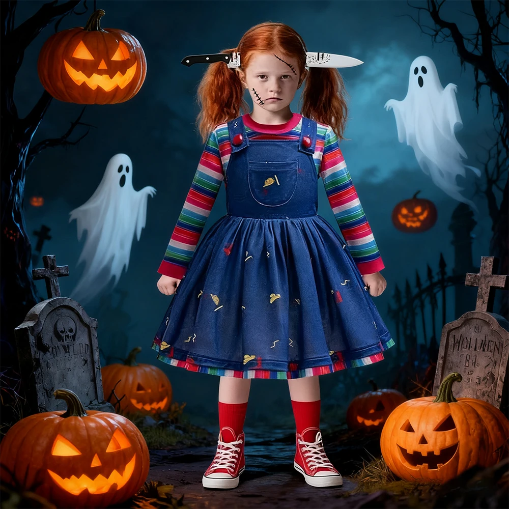 فيلم الرعب شبح دمية نفس تأثيري حلي مع اكسسوارات مجموعات الهالوين للأطفال أداء فستان بنات فساتين الحفلات