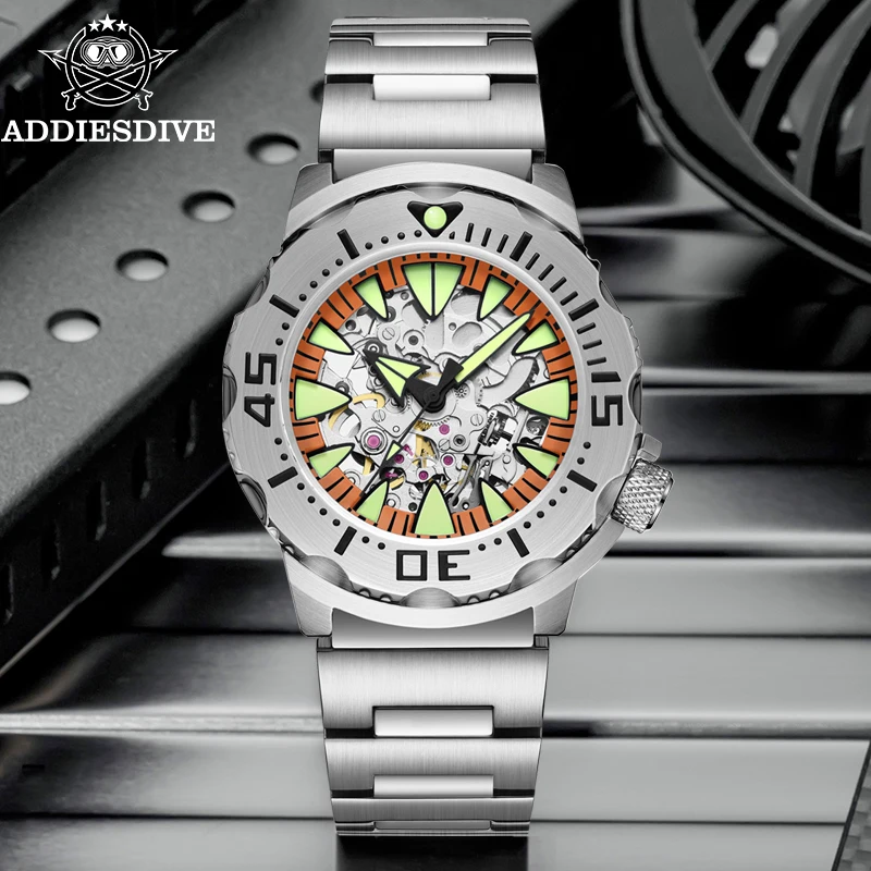 

ADDIESDIVE Luxury Men's Watch 8N24 Automatic Sapphire Stainless Steel Hollow Dial 20Bar Diving Luminous Watch relogios masculino