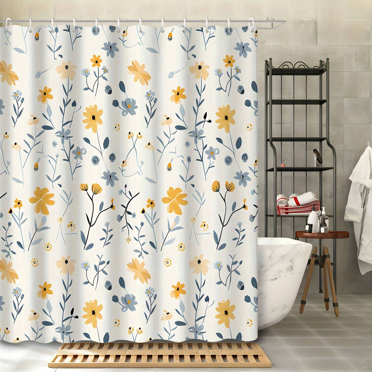 

1 шт. печатный фермерский дом в стиле кантри, современное маленькое свежее цветочное растение, пасторальный желтый цветок, занавеска для душа, украшение для ванной комнаты